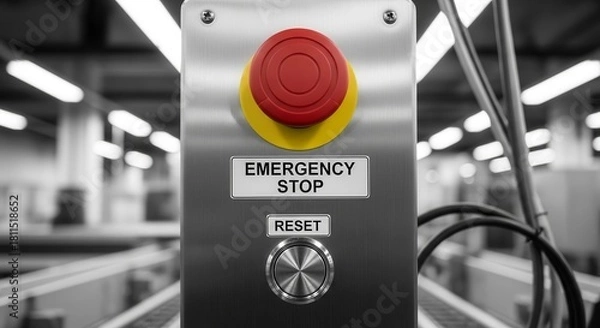 Fototapeta Industrial Emergency Stop Button And Reset Panel In A Modern Assembly Line Process