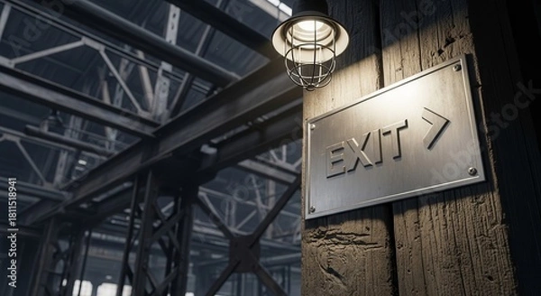Fototapeta Industrial Exit Sign Illuminated By Overhead Light Showing The Way Out