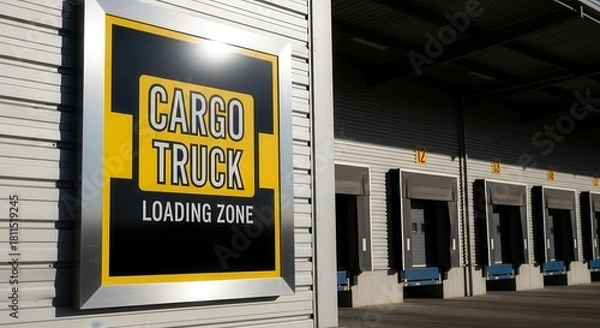 Fototapeta Industrial Freight Yard With Shipping Docks And Cargo Truck Loading Zone Sign