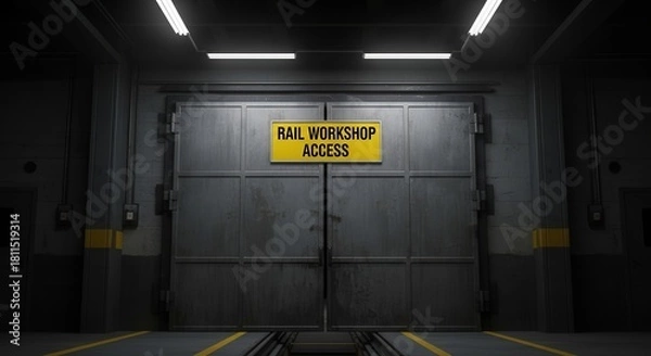 Fototapeta Industrial Gateway With Rail Workshop Access Sign Illustrating Structure Entrance
