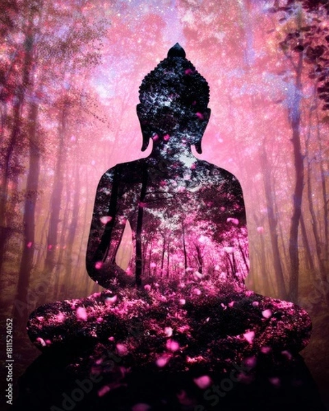 Obraz Serene Buddha Silhouette with Enchanted Forest Background