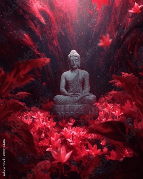 Obraz Serene Buddha Statue Surrounded by Red Leaves and Ethereal Light