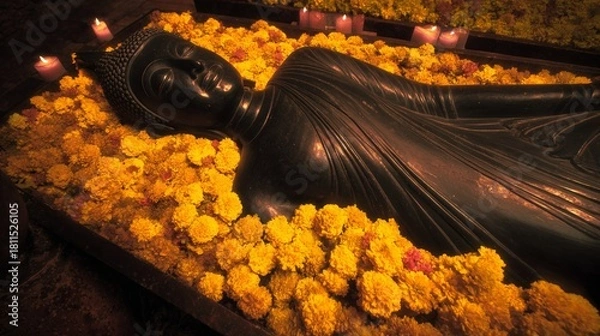 Obraz Serene Buddha Statue Surrounded by Yellow Flowers and Candles