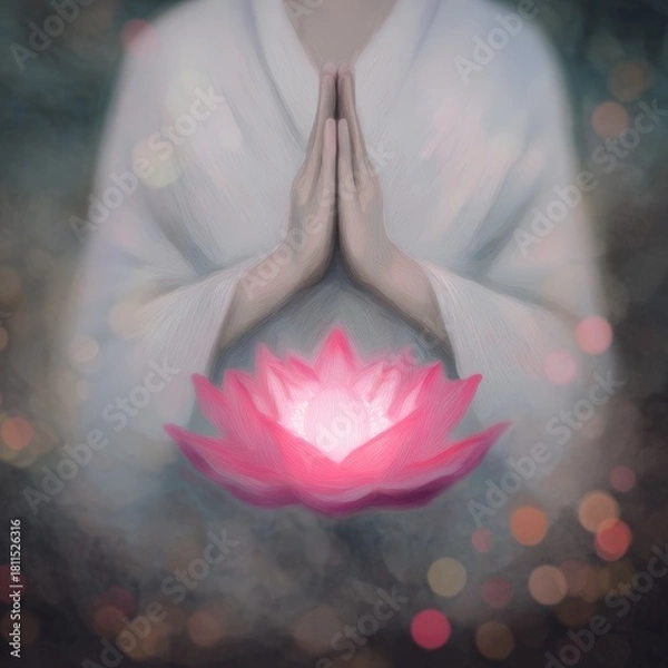 Obraz Hands in Prayer Pose Holding a Pink Lotus Flower with Soft Light