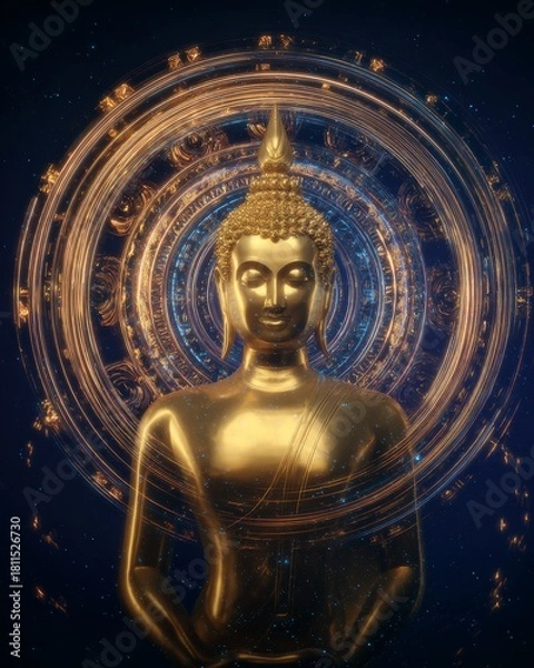 Obraz Golden Buddha Statue Surrounded by Luminous Circular Patterns