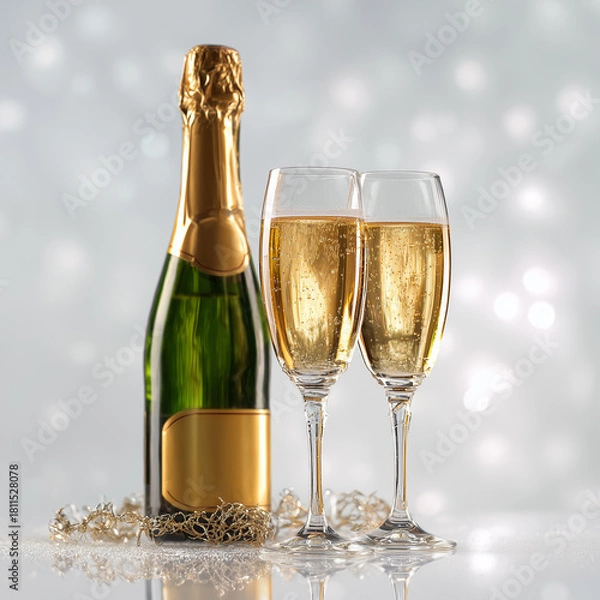 Fototapeta Luxury champagne bottle and two glasses with golden bubbles on silver bokeh background for New Year or wedding celebration