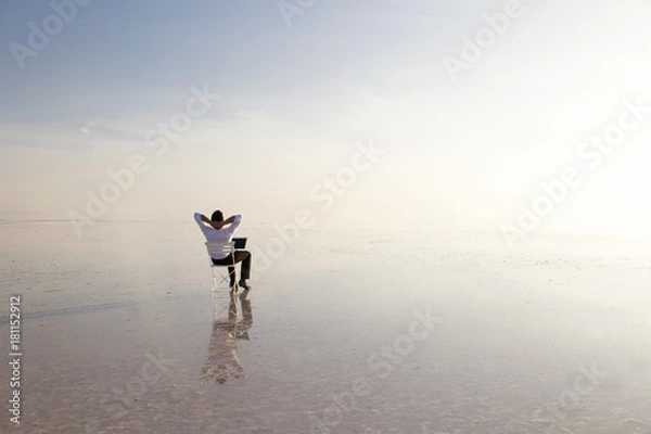 Fototapeta Business man with laptop working on the beach