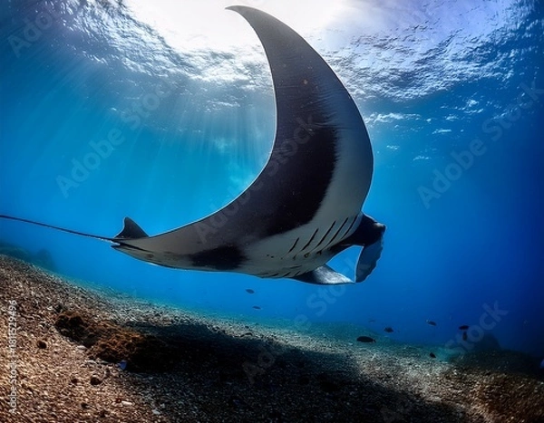 Fototapeta Underwater Majesty: A Manta Ray Glides Through the Ocean's Depths, Bathed in Sunlight from Above near the seabed.