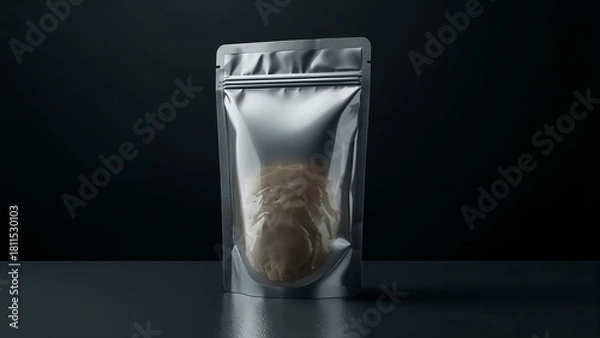 Fototapeta Silver Package Standing on Dark Surface with Tan Contents Inside