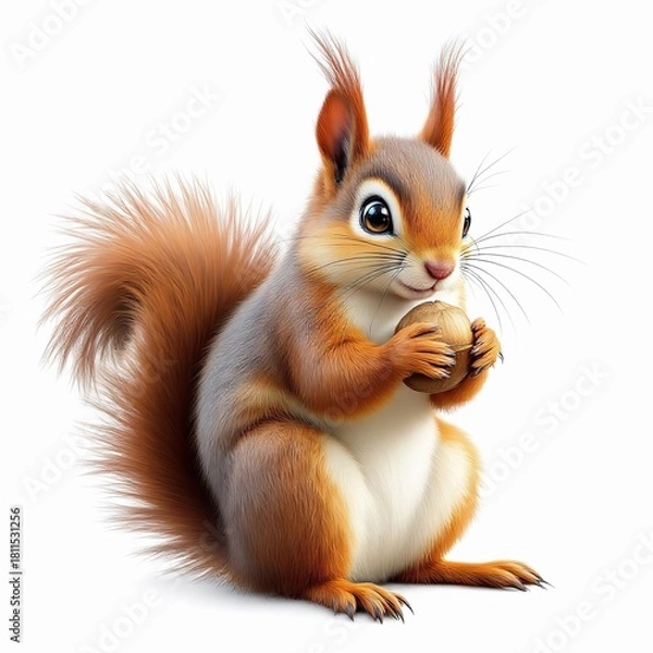 Fototapeta Charming 3d rendered squirrel with bushy tail holding a nut, isolated on white background