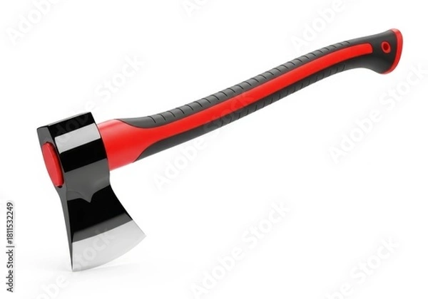 Fototapeta Sharp metal axe with red and black handle for chopping wood tools
