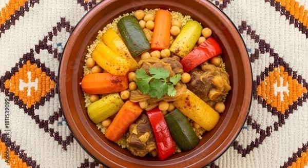Fototapeta Couscous with lamb and vegetables in traditional clay bowl