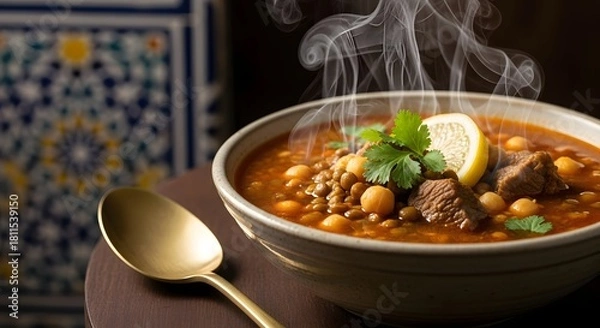 Fototapeta Harira soup steaming on wooden table for iftar