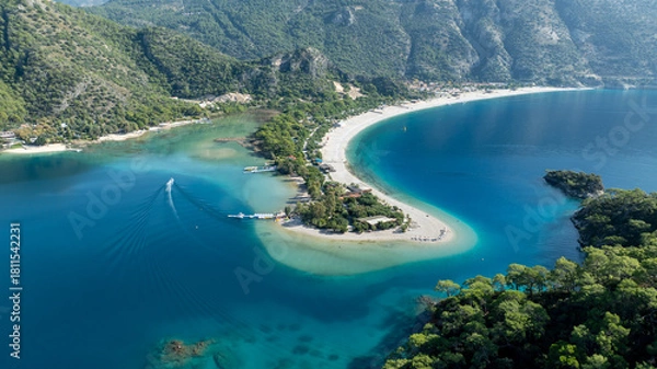 Fototapeta Beautiful aerial landscape capturing the serenity and color tones of Ölüdeniz lagoon.