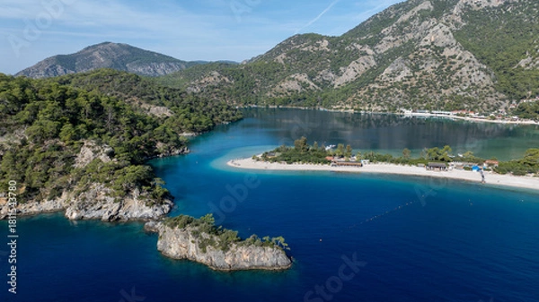 Fototapeta Beautiful aerial landscape capturing the serenity and color tones of Ölüdeniz lagoon.