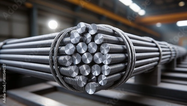 Fototapeta Close-up of round metal rods bundled with wire, showing smooth reflective surfaces against a blurred manufacturing hall, emphasizing metal rolling products and industrial production