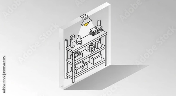 Fototapeta Minimalist Isometric Shelf Illustration With Cleaning Tools Under A Modern Lamp