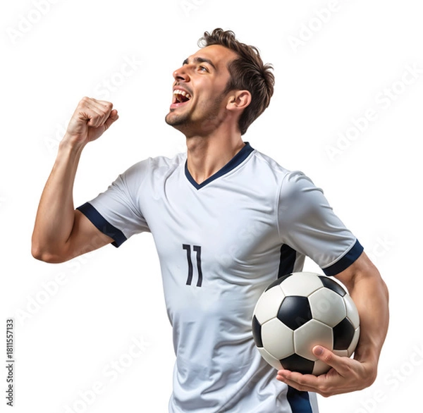 Obraz Expressive victory pose of a soccer player after scoring a goal on isolated background