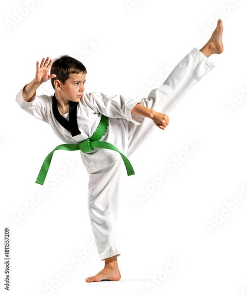 Obraz Young boy in green belt showing a high kick on isolated background