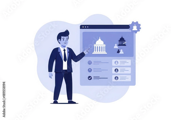 Fototapeta Man in suit pointing at a digital interface with government buildings