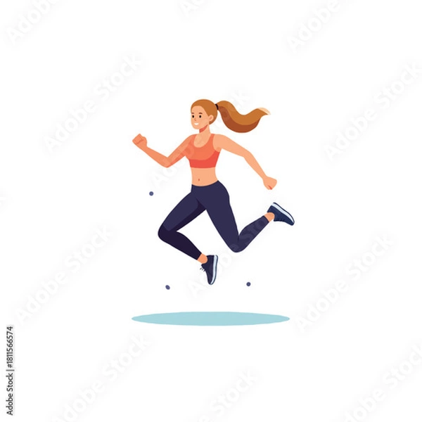 Obraz Dynamic fitness routine depicts a vibrant woman engaged in a running exercise with enthusiasm and