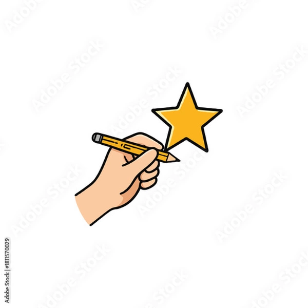 Fototapeta Hand drawing a golden star with a pencil symbolizes success and creative achievements expressing