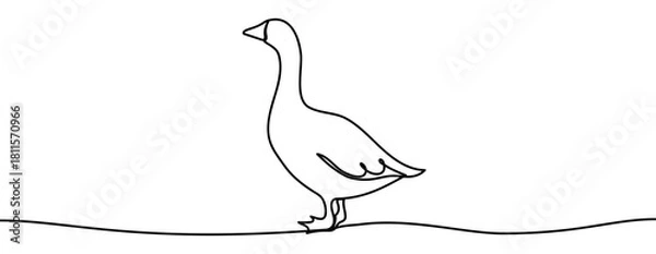 Fototapeta Continuous line drawing of a goose in a minimal linear style. Simple clean outline of a standing bird, elegant contour, isolated on a transparent background as a vector illustration