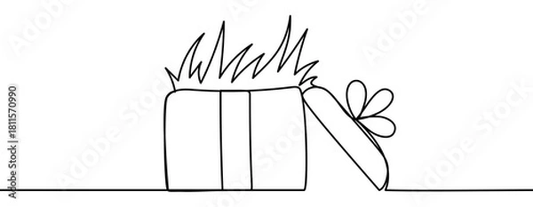 Fototapeta Continuous line drawing of an open gift box with grass sprouting from inside. Minimal eco outline style, smooth linear form, clean contour, isolated on transparent background, vector illustration