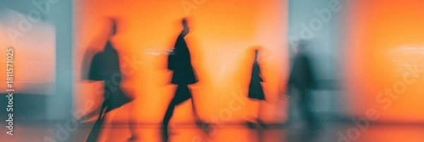 Fototapeta Blurry silhouettes of people walking in night-lit atrium, light trails and glowing panels