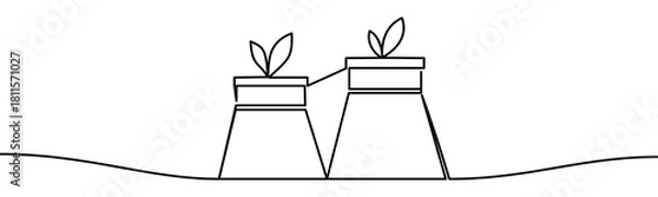 Fototapeta Continuous line vector illustration of industrial chimneys with plant leaves. Minimal linear design, isolated on transparent background, symbolizing eco-friendly industry concept