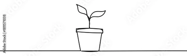 Obraz Continuous line drawing of a potted plant in a clean minimal eco style. Smooth linear contour with simple organic shapes, isolated on transparent background, vector illustration