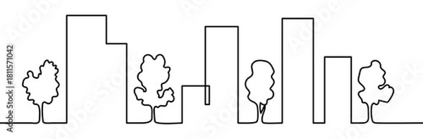 Obraz Continuous line drawing of urban high-rise buildings with trees. Minimal linear vector illustration, isolated on transparent background, representing green city and eco concept