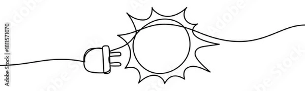 Fototapeta Continuous line vector illustration of an electric plug and sun. Minimal linear design, isolated on transparent background, symbolizing solar energy and eco-friendly power concept