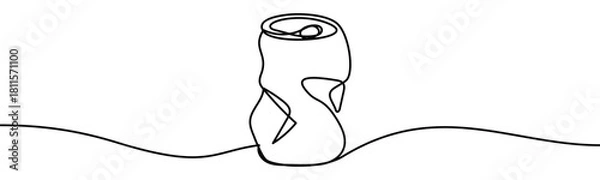 Obraz Continuous line vector illustration of a bent aluminum can. Eco concept of waste, recycling, and environmental awareness, isolated on transparent background, minimal linear design