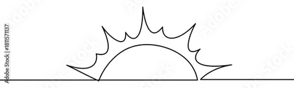 Obraz Continuous line vector illustration of rising sun over horizon. Minimal linear design, isolated on transparent background, symbolizing eco and nature concept