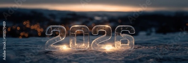 Fototapeta 2026 ice number on snow, festive new year celebration during winter sunset with glowing light, new beginning concept