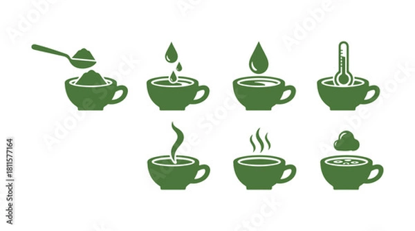 Fototapeta Collection of silhouette icons. Steps to create cocoa with milk. Guidelines for chocolate drink mix preparation. Required items: cup, a drop, dry powder, spoon, thermometer, and a hot jet of steam. 