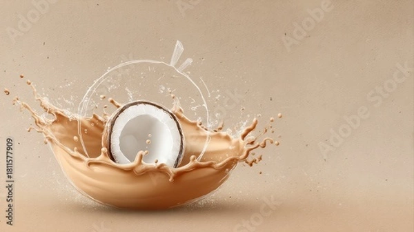 Fototapeta A visually striking image a coconut splashing into a creamy liquid, dynamic droplets and a smooth, earthy background, abstract food arts background