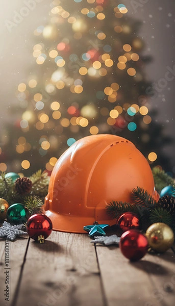 Fototapeta orange construction helmet and christmas ornaments decorating a wooden table with a pine tree celebrating amidst a bokeh of festive lights banner copy space, *Construction-themed Holiday Celebration