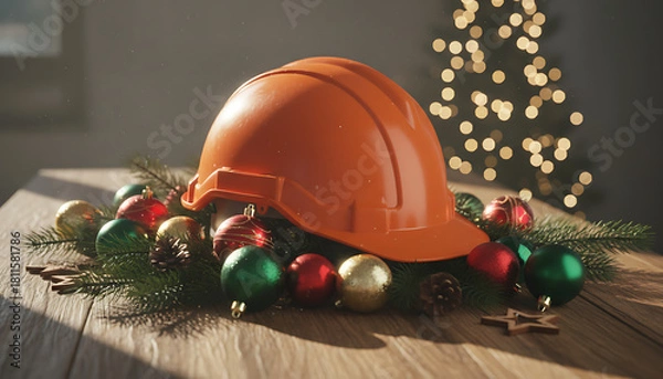 Fototapeta orange construction helmet and christmas ornaments decorating a wooden table with a pine tree celebrating amidst a bokeh of festive lights banner copy space, *Construction-themed Holiday Celebration