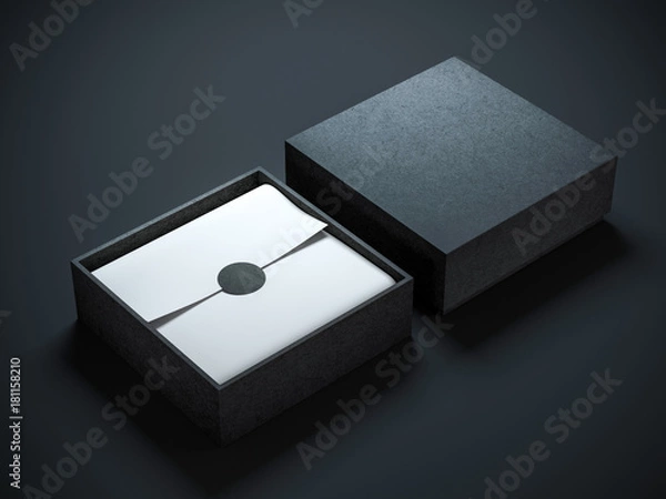 Fototapeta Square opened Black Box with wrapping paper and label. 3d rendering