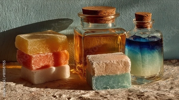 Obraz Colorful soaps and vials of liquids sit on a stone surface