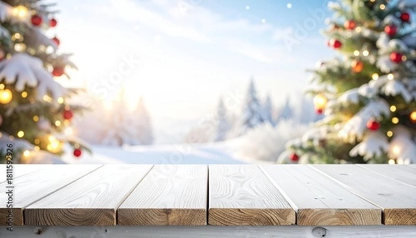 Fototapeta A festive scene features a white wooden table against a backdrop of snow-covered Christmas
