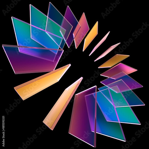 Fototapeta The panel discussion background with colorful glass elements. The inspirational backdrop for event. 3d render on black background.