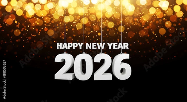 Fototapeta Happy new year 2026, festive greeting with golden bokeh lights