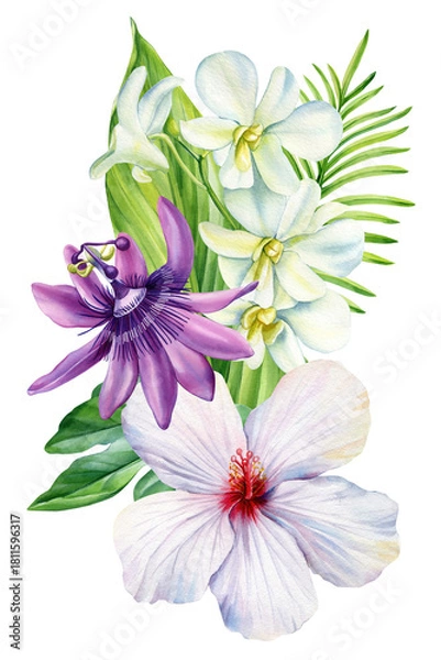 Fototapeta Tropical watercolor bouquet with passionflower orchids and hibiscus for exotic floral botanical design