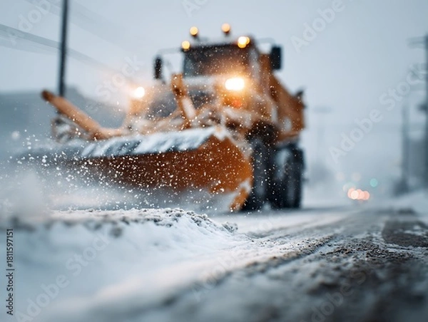 Fototapeta Snowplow clearing a winter road during intense snowfall, symbolizing storm response, roadway safety and winter weather alert. Dynamic motion, cinematic realism