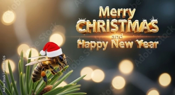 Obraz Bee Wishing Merry Christmas - A bee wearing a Santa hat perched on a pine branch with the festive greeting Merry Christmas and Happy New Year in the background