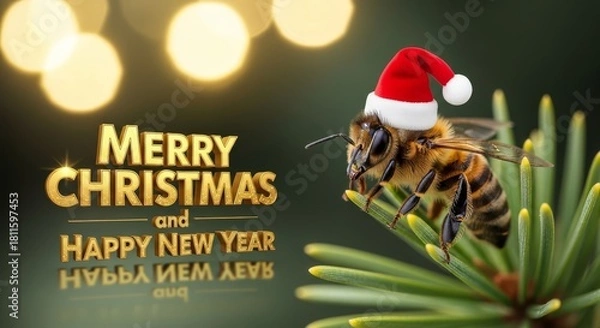 Obraz Bee with Christmas Hat - A festive honeybee rests on a pine branch, wearing a small Santa hat, with "Merry Christmas and Happy New Year" text in the background