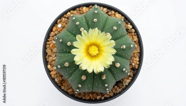 Fototapeta An overhead studio shot shows a potted star cactus with a yellow flower blooming, set against a clear white
